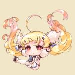  1girl :o azur_lane bare_shoulders black_footwear blonde_hair blurry blurry_background blush breasts brown_background chibi commentary_request depth_of_field detached_sleeves dress eldridge_(azur_lane) facial_mark fur_trim gradient_hair hair_ornament long_hair long_sleeves multicolored_hair orange_hair outstretched_arms parted_lips pikomarie puffy_long_sleeves puffy_sleeves red_eyes shoes simple_background sleeveless sleeveless_dress small_breasts solo spread_arms thigh-highs twintails very_long_hair white_dress white_legwear 