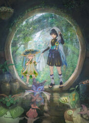  1boy 1girl anemo_symbol_(genshin_impact) aqua_kimono aqua_sleeves aranara_(genshin_impact) armlet black_bodysuit black_bow black_eyes black_footwear black_hair black_shorts black_socks bloomers blue_hat blush bodysuit borrowed_clothes bow bridal_gauntlets candied_ajilenakh_nut_(genshin_impact) canopy_(forest) closed_eyes creature cup detached_sleeves dress feathers furisode genshin_impact gold gold_trim green_dress green_hair green_sleeves hakama hakama_shorts han'eri hand_on_own_chin hand_up hanging_plant hat headwear_switch highres hip_vent holding holding_plate holding_towel holding_tray hourglass japanese_clothes jewelry jingasa kimono knees layered_clothes layered_kimono layered_sleeves leg_warmers mandarin_collar mini_dragon mini_durin_(genshin_impact) multicolored_hair nahida_(genshin_impact) okobo open_clothes open_kimono open_mouth plant plate pleated_shorts pointy_ears pom_pom_(clothes) purple_rope rope sandals scaramouche_(genshin_impact) short_sleeves shorts shoulder_peek side_ponytail silk socks spider_web standing stirrup_footwear stirrup_legwear streaked_hair suke_omi toeless_legwear toes towel towel_on_head tray tree vase vision_(genshin_impact) wanderer_(genshin_impact) white_bloomers white_hair white_kimono white_leg_warmers white_sleeves yellow_feathers 