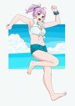  1girl aoba_(kantai_collection) barefoot blue_eyes full_body kantai_collection midriff navel ojipon open_mouth ponytail purple_hair scrunchie shirt short_hair solo tied_shirt white_shirt wrist_scrunchie 