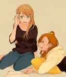  2girls :d ayase_eli bangs barefoot black_shirt blonde_hair blue_eyes book bow collarbone cushion denim grey_background hair_bow hair_down hair_tucking jeans kousaka_honoka long_sleeves love_live! love_live!_school_idol_project lying multiple_girls on_stomach one_side_up open_book open_mouth orange_hair pants pointing shin9tani shirt simple_background sitting smile upper_teeth yellow_bow 