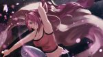  1girl arm_up armpits bare_arms bare_shoulders blush breasts camisole cherry_blossoms cleavage from_side hair_intakes hair_ribbon highres katana large_breasts long_hair midriff navel pants ponytail purple_hair red_eyes ribbon smile solo sword under_night_in-birth very_long_hair weapon yuurei yuzuriha_(under_night_in-birth) 