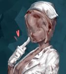  1girl artist_request blood blood_on_face bloody_clothes breasts bubble_head_nurse cleavage faceless finger_to_cheek gloves hat heart highres monster_girl nurse nurse_cap painted silent_hill silent_hill_2 solo 