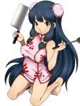  1girl bangs bare_legs barefoot bell black_hair breasts china_dress chinese_clothes double_bun dress e10 erect_nipples eyebrows_visible_through_hair full_body hair_bell hair_ornament kneeling knife ladel long_hair looking_at_viewer medium_breasts open_mouth ranma_1/2 red_eyes shampoo_(ranma_1/2) side_locks solo very_long_hair 
