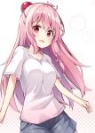  1girl :d commentary_request hair_bobbles hair_ornament long_hair looking_at_viewer ominaeshi_(takenoko) open_mouth original pink_eyes pink_hair shirt shorts simple_background smile solo t-shirt usuzumi_sakura white_background 