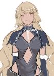  1girl blonde_hair breasts chains cosplay detached_sleeves fate/grand_order fate_(series) floating_hair head_tilt jeanne_d&#039;arc_(alter)_(fate) jeanne_d&#039;arc_(alter)_(fate)_(cosplay) jeanne_d&#039;arc_(fate) jeanne_d&#039;arc_(fate)_(all) long_hair looking_at_viewer medium_breasts shino_(mufn5785) simple_background sketch smile solo standing upper_body very_long_hair white_background yellow_eyes 
