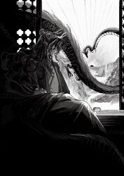  1boy absurdres arknights chinese_commentary chui_(smccc1102813) closed_mouth commentary_request dragon eastern_dragon greyscale high_contrast highres horns jacket long_hair long_sleeves looking_afar male_focus monochrome mountain pants profile sitting solo sun sunburst wang_(arknights) 