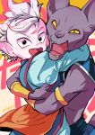  2boys :d abstract_background arms_around_neck beerus blush dragon_ball dragon_ball_super dragonball_z earrings happy hug jewelry kaioushin looking_at_viewer maddysaki male_focus mohawk multicolored multicolored_background multiple_boys open_mouth orange_background pink_background potara_earrings sharp_teeth short_hair smile teeth twitter_username white_background white_hair 