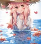  1girl bangs bikini bikini_under_clothes blue_bikini blue_sky blush brown_eyes closed_mouth commentary_request day eyebrows_visible_through_hair fate/grand_order fate_(series) flower hair_between_eyes haneru hat head_tilt horizon long_hair ocean outdoors partially_submerged petals petals_on_liquid pink_hair red_flower see-through shirt short_sleeves signature sky smile solo straw_hat swimsuit tamamo_(fate)_(all) tamamo_no_mae_(swimsuit_lancer)_(fate) water white_shirt 