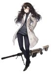  1girl absurdres bandage black_hair bolt_action cheytac_m200 closed_mouth full_body gloves gun hands_in_pockets highres long_coat long_hair looking_at_viewer original pants qbase red_eyes ribbed_sweater rifle sniper_rifle solo standing sweater turtleneck turtleneck_sweater weapon white_background 