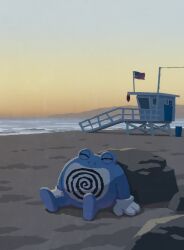 absurdres american_flag beach closed_eyes commentary_request flag highres hyogonosuke morning no_humans outdoors pokemon pokemon_(creature) poliwrath rock sand sitting sky sleeping solo water 