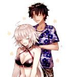  1boy 1girl :d ahoge black_bikini_top black_hair breasts cleavage closed_eyes collar collarbone fate/grand_order fate_(series) floral_print fujimaru_ritsuka_(male) halterneck hawaiian_shirt highres jeanne_d&#039;arc_(alter)_(fate) jeanne_d&#039;arc_(fate)_(all) large_breasts long_hair massage navel open_mouth ponytail print_shirt razuri_rapisu shiny shiny_hair shirt short_sleeves silver_hair smile very_long_hair 