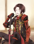  1boy ^_^ armor black_gloves brown_hair closed_eyes closed_eyes coat earrings gloves japanese_armor jewelry kashuu_kiyomitsu katana kiwame_(touken_ranbu) male_focus mole mole_under_mouth open_mouth ponytail scarf sheath sheathed sitting smile sword touken_ranbu weapon yamazaki_mitsuko 