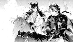  2boys absurdres animal arknights cape chinese_commentary chong_yue_(arknights) chui_(smccc1102813) commentary_request greyscale highres horns horse horseback_riding long_hair long_sleeves looking_at_another male_focus monochrome multiple_boys pointy_ears profile riding robe wang_(arknights) 