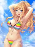  1girl :d armpits arms_behind_head arms_up bangs bikini blonde_hair blue_eyes blush breasts cleavage clouds cloudy_sky commentary_request cowboy_shot day flower front-tie_bikini front-tie_top hair_flower hair_ornament idolmaster idolmaster_cinderella_girls jewelry large_breasts long_hair looking_back multicolored multicolored_bikini multicolored_clothes nail_polish natsuyu navel necklace ootsuki_yui open_mouth outdoors pendant pink_lips pink_nails ribbon round_teeth side-tie_bikini side_ponytail skindentation sky smile solo sparkle stomach striped striped_bikini swimsuit teeth upper_teeth wavy_hair white_ribbon 