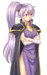  1girl breasts cape cleavage cowboy_shot crossed_arms dress elbow_gloves expressionless fire_emblem fire_emblem:_seisen_no_keifu gloves ishtar_(fire_emblem) lavender_hair long_hair medium_breasts nintendo purple_dress rere_(yusuke) side_ponytail side_slit simple_background solo standing violet_eyes white_background white_gloves 