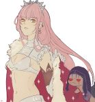  1girl bra breasts brown_eyes cape cleavage cu_chulainn_alter_(fate/grand_order) diadem earrings eyebrows_visible_through_hair fate/grand_order fate_(series) floating_hair fur_trim holding_cape jewelry lancer long_hair medb_(fate)_(all) medb_(fate/grand_order) medium_breasts midriff navel parted_lips pink_hair red_cape shino_(mufn5785) shiny shiny_hair simple_background skirt stomach underwear very_long_hair white_background white_bra white_skirt 