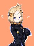  1girl abigail_williams_(fate/grand_order) bangs black_bow black_jacket blonde_hair blue_eyes blush bow brown_background closed_mouth commentary_request crossed_bandaids eyebrows_visible_through_hair fate/grand_order fate_(series) hair_bow hair_bun hand_up heart heroic_spirit_traveling_outfit highres jacket koro_(tyunnkoro0902) long_hair long_sleeves looking_at_viewer orange_bow outline parted_bangs polka_dot polka_dot_bow sleeves_past_fingers sleeves_past_wrists solo star white_outline 