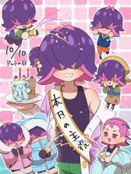  amedamaneko black_hair blue_eyes blue_vest closed_mouth costume dot_(pokemon) eyelashes hair_ornament hair_over_eyes highres holding jacket long_sleeves mascot_costume multicolored_hair naranja_academy_(emblem) naranja_academy_school_uniform necktie nidothing off_shoulder open_mouth orange_necktie orange_pants oversized_zipper pants pink_hair pokemon pokemon_(anime) pokemon_horizons purple_hair school_uniform shirt short_hair smile tank_top vest violet_eyes zipper zipper_pull_tab 