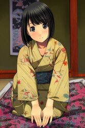  1girl black_eyes black_hair blush closed_mouth collarbone commentary_request fingernails futon hanging_scroll head_tilt highres indoors japanese_clothes kimono leaf_print long_hair long_sleeves matsunaga_kouyou nose_blush obi original own_hands_together print_kimono sash scroll seiza sitting smile solo wide_sleeves yellow_kimono 