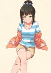  1girl black_hair casual collarbone commentary eyebrows_visible_through_hair fur_trim green_eyes hair_bun hamaguchi_ayame idolmaster idolmaster_cinderella_girls jacket jacket_removed legs_crossed looking_at_viewer orange_jacket scrunchie shirt shorts sidelocks simple_background sitting smile solo striped striped_shirt susutaketakumi t-shirt yellow_background 