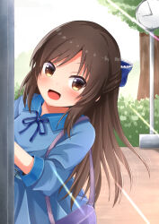  1girl bag blue_bow blue_dress bow brown_eyes brown_hair bush clock comiching commentary_request dress hair_bow half_updo handbag highres idolmaster idolmaster_cinderella_girls open_mouth smile solo tachibana_arisu tree upper_body 