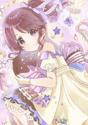  1girl absurdres artist_name back_bow bead_necklace beads birthday bow brown_hair closed_mouth commentary_request doughnut-shaped_pillow dress eyelashes floral_print_dress flower frilled_dress frills gloves hair_flower hair_ornament hair_ribbon high_side_ponytail highres holding holding_pillow idol idol_clothes idolmaster idolmaster_cinderella_girls idolmaster_cinderella_girls_starlight_stage jewelry layered_dress looking_at_viewer looking_to_the_side lying myk_(my_myk) necklace official_alternate_costume on_side petals pillow purple_flower purple_ribbon ribbon shiina_noriko short_sleeves side_ponytail sidelocks signature smile solo split_mouth swept_bangs violet_eyes white_dress white_flower white_gloves yellow_petals 