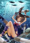  1girl animal_ears armpits arms_up ass azur_lane bare_shoulders blue_swimsuit brown_hair bubble bunny_tail closed_mouth commentary_request covered_navel dark_skin fish highres holding holding_breath i-26_(azur_lane) kneehighs legs legs_up light_rays one-piece_swimsuit rabbit_ears red_eyes short_hair solo strapless strapless_swimsuit sunbeam sunlight swimsuit tail toes torpedo underwater yozuki_shokora 