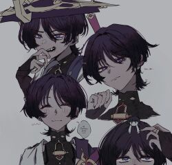  1boy :3 armor bags_under_eyes black_bodysuit black_hair black_nails blue_cape blunt_ends bodysuit bridal_gauntlets cape clenched_hand closed_eyes closed_mouth commentary cropped_torso curled_fingers doll_on_head english_commentary eyeliner eyeshadow ff9900 furrowed_brow genshin_impact gold gold_ring grey_background hair_between_eyes hair_intakes hat highres japanese_armor japanese_clothes jingasa kimono kote kurokote looking_up makeup male_focus mandarin_collar middle_ring multiple_views open_clothes open_kimono open_mouth purple_cape purple_hat raised_eyebrows red_eyeliner red_eyeshadow ringed_eyes scaramouche_(genshin_impact) sharp_teeth shoulder_peek smile solo split_mouth teeth violet_eyes wanderer_(genshin_impact) white_kimono white_sleeves 