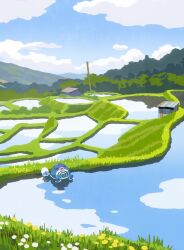  absurdres blue_sky closed_eyes clouds day flower grass highres hyogonosuke mountain no_humans outdoors pokemon pokemon_(creature) poliwag rice_paddy scenery sky sleeping u_u water white_flower 