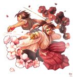  &gt;:o 2boys brown_hair fighting_stance flower japanese_clothes katana male_focus multiple_boys original petals ponytail sword waraimasuka weapon white_background wide_sleeves 