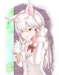  1girl animal_ear_fluff animal_ears arm_up bangs blush bow bowtie brick_wall brown_eyes closed_mouth collared_shirt eyebrows_visible_through_hair food fur-trimmed_sleeves fur_trim gloves grey_hair hair_over_one_eye hair_tucking highres holding holding_food ice_cream ice_cream_cone jacket kemono_friends long_hair long_sleeves looking_away looking_down oinari-sama_(kemono_friends) pikunoma red_neckwear shirt soft_serve solo standing tongue tongue_out upper_body very_long_hair white_gloves white_jacket white_shirt 