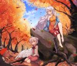  2girls ahoge angel_wings ankles arm_rest arm_support autumn autumn_leaves bangs bare_shoulders barefoot between_legs blue_sky blurry_foreground brooch buna_shimeji_(keymush) closed_mouth collarbone collared_dress commentary_request dappled_sunlight day detached_sleeves dress eyebrows_visible_through_hair feathered_wings forest full_body grey_hair hair_between_eyes hand_between_legs hatchet jacket jewelry kishin_sagume knee_up leaf long_hair long_sleeves looking_at_another looking_down looking_up multicolored multicolored_clothes multicolored_dress multiple_girls nature open_clothes open_jacket outdoors red_eyes sakata_nemuno short_hair sidelocks single_strap single_wing sitting sky smile sunlight toes touhou tree tree_shade very_long_hair white_wings wings 