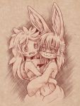  1girl 1other :3 :d absurdres androgynous animal_ears bangs beltbra breasts collarbone furry hair_between_eyes hand_on_back hand_on_head happy highres holding hug huge_filesize line_shading long_hair looking_at_viewer made_in_abyss messy_hair mitty_(made_in_abyss) mitty_(made_in_abyss)_(human) monochrome nanachi_(made_in_abyss) navel open_mouth plague_of_gripes small_breasts smile teardrop tearing_up teeth upper_body 