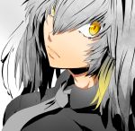  1girl bangs black_shirt blonde_hair breast_pocket closed_mouth collared_shirt commentary_request face grey_hair grey_neckwear hair_between_eyes kemono_friends lips long_hair looking_at_viewer multicolored_hair necktie nuru_himmel orange_eyes pocket shirt shoebill_(kemono_friends) side_ponytail solo 