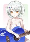  1girl allen_(xashon) animal_ears collarbone dog_ears expressionless flat_chest guitar hair_ornament hairclip instrument orange_eyes plectrum short_hair silver_hair virtual_youtuber 