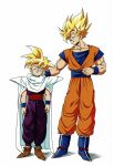  2boys absurdres age_difference arms_at_sides blonde_hair blue_eyes boots cape dougi dragon_ball dragonball_z father_and_son full_body happy head_tilt height_difference highres looking_at_another looking_down looking_up male_focus multiple_boys official_art shaded_face shadow short_hair simple_background smile son_gohan son_gokuu spiky_hair standing super_saiyan toriyama_akira white_background wristband 