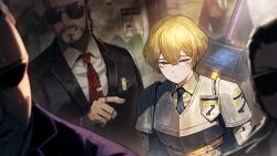  2others 3boys armor badge bag black-framed_eyewear blonde_hair blue_necktie blurry breastplate clenched_teeth closed_mouth collared_shirt depth_of_field earpiece formal game_cg green_shirt highres jewelry light_rays limbus_company long_sleeves looking_at_viewer male_focus missing_poster multiple_boys multiple_others nai_ga necktie official_art pauldrons pointing pointing_at_another project_moon ring shirt short_hair shoulder_armor sinclair_(project_moon) small_sweatdrop solo_focus striped_necktie suit sunglasses sword sword_on_back teeth third-party_source weapon weapon_on_back yellow_eyes zwei_association_(identity)_(project_moon) zweihander 