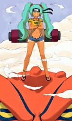  1girl brazil brazilian_flag_print brazilian_miku brazilian_twitter_ban breasts cosplay dial_kasper earrings glowing_skin gold_hairband hair_ornament hairband hatsune_miku jewelry long_hair looking_at_viewer naruto_(series) navel smile solo teeth thighs vocaloid worldwide_miku 