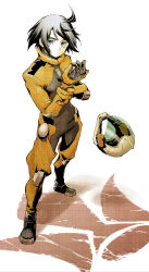  1boy ahoge arm_support black_footwear black_hair blue_eyes character_request drop_shadow elbow_pads facing_to_the_side gloves gundam gundam_tekketsu_no_orphans hand_on_own_arm helmet highres jacket knee_pads looking_at_viewer male_focus oliolio outstretched_arms pants parted_bangs pilot_suit pinching_gesture white_background yellow_gloves yellow_jacket yellow_pants 