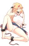  1girl arm_support ass bare_legs barefoot blonde_hair breasts chains choker commentary_request covered_nipples cuffs eyebrows_visible_through_hair groin highres horn hoshiguma_yuugi large_breasts long_hair looking_at_viewer navel non_(z-art) panties parted_lips shackles shirt simple_background sitting skirt skirt_set sleeveless sleeveless_shirt spread_legs touhou underwear v-neck white_background white_panties yellow_eyes 