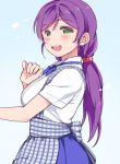  1girl :d apron blue_neckwear blue_skirt blush bow bowtie deyuuku eyebrows_visible_through_hair from_side green_eyes hair_ornament hair_scrunchie hand_up long_hair looking_at_viewer love_live! love_live!_school_idol_project open_mouth pink_scrunchie plaid plaid_apron purple_hair round_teeth scrunchie shirt short_sleeves skirt smile solo teeth toujou_nozomi upper_teeth white_shirt 