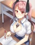  /\/\/\ 1girl between_breasts blush bra bra_peek breasts broken_heart can cleavage drinking_straw earrings from_above full-face_blush heart heart_earrings horns jewelry kasuka_(kusuki) large_breasts long_hair looking_at_viewer notebook open_clothes open_shirt pen pink_hair pointy_ears purple_bra red_eyes sitting soda_can solo twintails underwear 