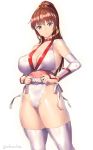  1girl breasts brown_hair dead_or_alive elbow_gloves gloves kasumi_(doa) large_breasts long_hair looking_at_viewer nagase_haruhito ninja ponytail thigh-highs white_legwear 