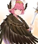  bangs black_cola brown_background brown_wings circe_(fate/grand_order) closed_mouth eyebrows_visible_through_hair fate/grand_order fate_(series) feathered_wings gradient gradient_background green_eyes hair_between_eyes head_wings headpiece heart heart-shaped_pupils highres holding holding_staff looking_at_viewer looking_to_the_side pink_hair pointy_ears short_hair staff symbol-shaped_pupils white_background white_wings wings 