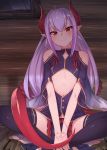 1girl bare_shoulders black_legwear breasts butterfly_sitting commentary_request eyebrows_visible_through_hair eyes_visible_through_hair facial_mark hair_between_eyes head_tilt highres horns ibuki_notsu long_hair looking_at_viewer melusine_(ibuki_notsu) original pelvic_curtain pointy_ears purple_hair red_eyes sitting small_breasts smile solo tail thigh-highs v_arms wide_sleeves wooden_floor wooden_wall