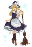  1girl :d apron black_skirt black_vest blonde_hair boots bow braid broom brown_footwear commentary crossed_ankles double-breasted eyebrows_visible_through_hair frilled_apron frills full_body hair_bow hat hat_bow highres kirisame_marisa knee_boots kneehighs long_hair looking_at_viewer open_mouth puffy_short_sleeves puffy_sleeves red_bow shidaccc shirt short_sleeves side_braid simple_background single_braid skirt skirt_hold skirt_set smile solo standing star starry_background striped striped_legwear touhou vertical-striped_legwear vertical_stripes vest waist_apron wavy_hair white_apron white_background white_bow white_shirt witch_hat yellow_eyes 