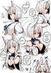  ... 1girl angry_num animal_ears azur_lane blue_eyes blush breasts cleavage closed_mouth english flying_sweatdrops fox_ears fox_tail holding kaga_(azur_lane) looking_at_viewer medium_breasts motion_lines multiple_tails multiple_views parted_lips profile short_hair sketch speech_bubble spoken_ellipsis tail white_background white_hair 
