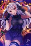  1girl :p alternate_costume antenna_hair azur_lane bangs black_gloves blush breasts brown_eyes candy dress eyebrows_visible_through_hair fishnet_legwear fishnets food gloves hair_between_eyes halloween kodama_(koda_mat) large_breasts leg_garter long_hair looking_at_viewer lying multicolored_hair on_floor open_mouth prinz_eugen_(azur_lane) pumpkin redhead signature silver_hair smile solo streaked_hair thigh-highs tongue tongue_out two_side_up very_long_hair 