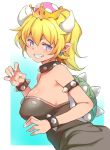  1girl bangs black_choker black_dress blonde_hair blue_eyes bowsette bracelet breasts choker claw_pose crown deyuuku dress earrings from_side grin horns jewelry large_breasts looking_at_viewer super_mario_bros. nail_polish new_super_mario_bros._u_deluxe nintendo pointy_ears ponytail slit_pupils smile solo spiked_armlet spiked_bracelet spiked_choker spiked_shell spikes strapless strapless_dress super_crown turtle_shell upper_body white_nails 