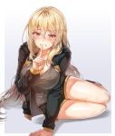  1girl arm_support bangs black_hoodie black_shorts blonde_hair blush breasts character_request collarbone dungeon_and_fighter finger_to_mouth hair_between_eyes hood hoodie index_finger_raised large_breasts lhu_(barappra1) long_hair looking_at_viewer open_clothes open_hoodie outside_border red_eyes shoes short_shorts shorts shushing sidelocks sneakers solo tank_top thighs very_long_hair wavy_hair 